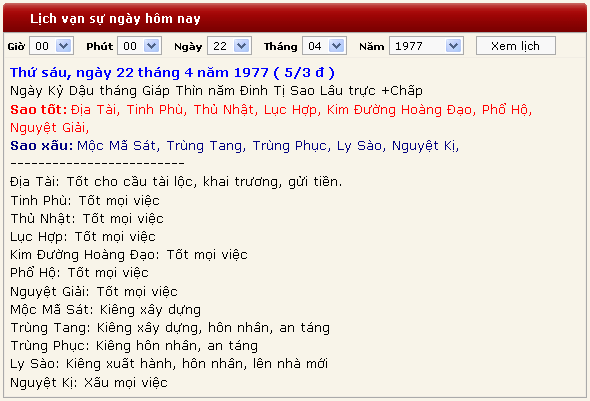 Lịch ngày 22/04/1977
